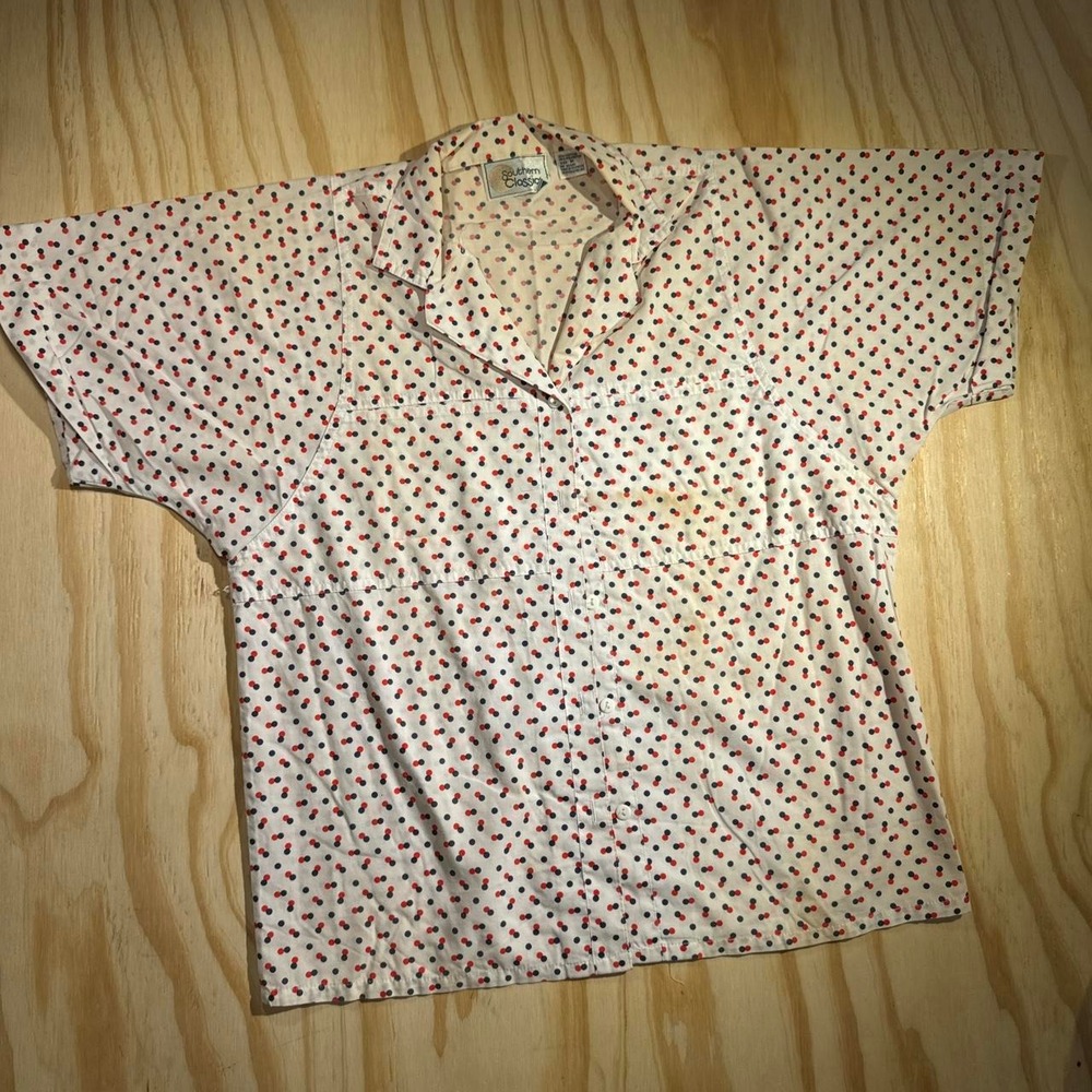 Southern Classic Vintage Polka Dot Button Down Shirt White Red Blue Medium